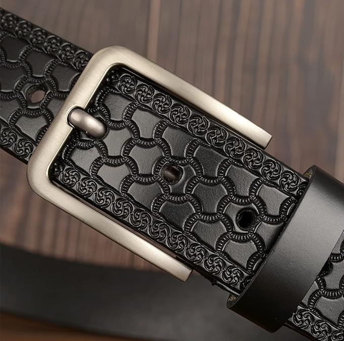Men's Casual Genuine Leather Jeans Belts Vintage Leather Engraved Strap with Single Prong Buckle