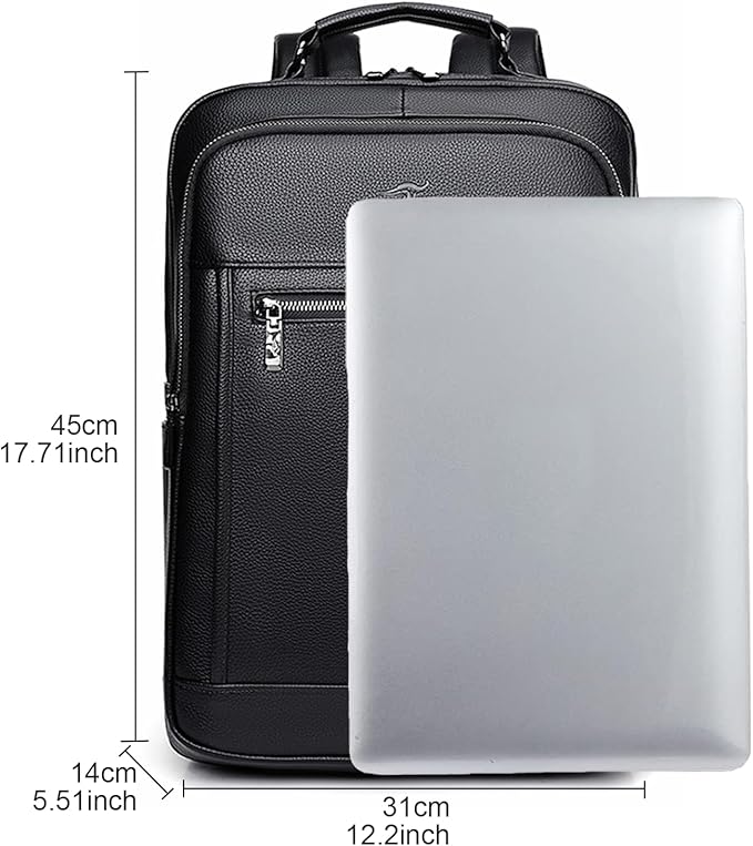 CHAO RAN Laptop Backpack for Men Leather Travel Backpack Carry on Flight Approved-Waterproof Medium Backpack Fit 15.6 Inch Notebook for College Business Office Bag with USB Charging Port (Black14)