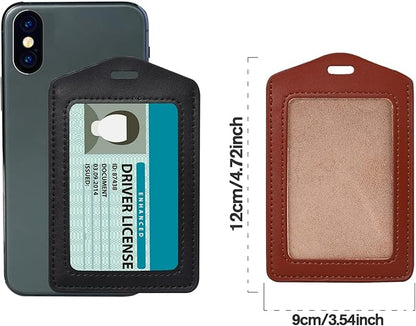 2 Pack Genuine Leather ID Badge Holders, Vertical ID Card Holders with Single-Side Clear Window, Waterproof Name Badge Holde Suit for Office, Staff, Students, Employees