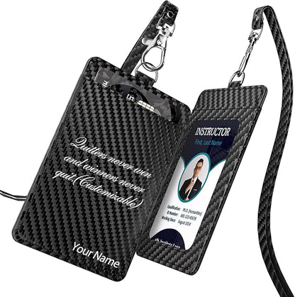 Carbon Fiber Work ID Card Holder with Lanyard is a Stylish and Durable Card Holder with Dual Card Capacity, Clear Display Window and Privacy Back Pocket (Black Customized)