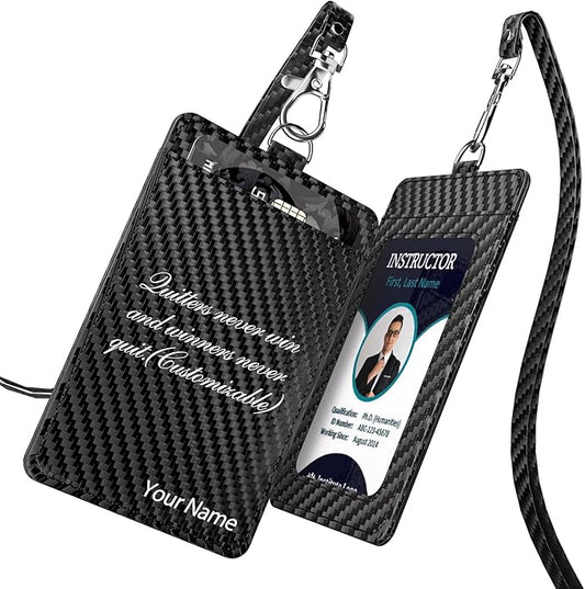 Carbon Fiber Work ID Card Holder with Lanyard is a Stylish and Durable Card Holder with Dual Card Capacity, Clear Display Window and Privacy Back Pocket (Black Customized)