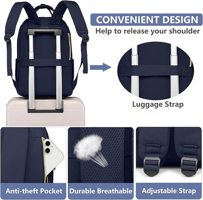 Laptop Backpack for Women Work Bag - 15.6 inch Travel Backpack Purse with USB Charger College Bookbag Waterproof Cute Casual Daypack Fashion Business Computer Backpacks for Teacher Nurse Dark Blue