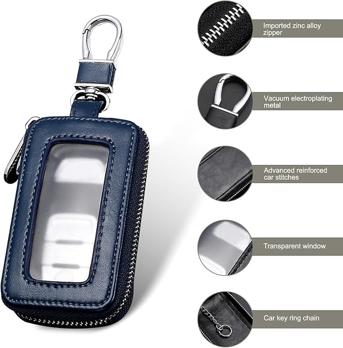 Leather Car Key Fob Case, 2.2" x 3.5" Car Key Fob Protective Cover with Zipper and Metal Hook, Double Layer Smart Remote Key Fob Case Holder, Universal Keychain Bag for Most Cars (Royal Blue)