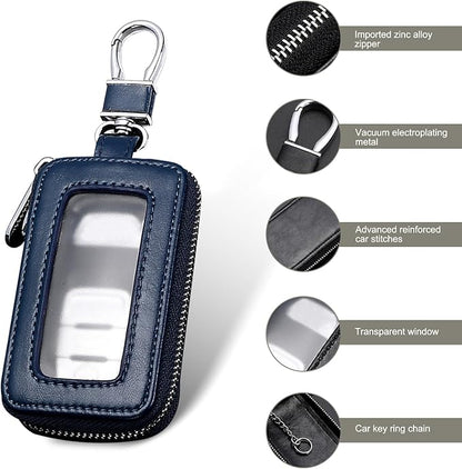 Leather Car Key Fob Case, 2.2" x 3.5" Car Key Fob Protective Cover with Zipper and Metal Hook, Double Layer Smart Remote Key Fob Case Holder, Universal Keychain Bag for Most Cars (Royal Blue)