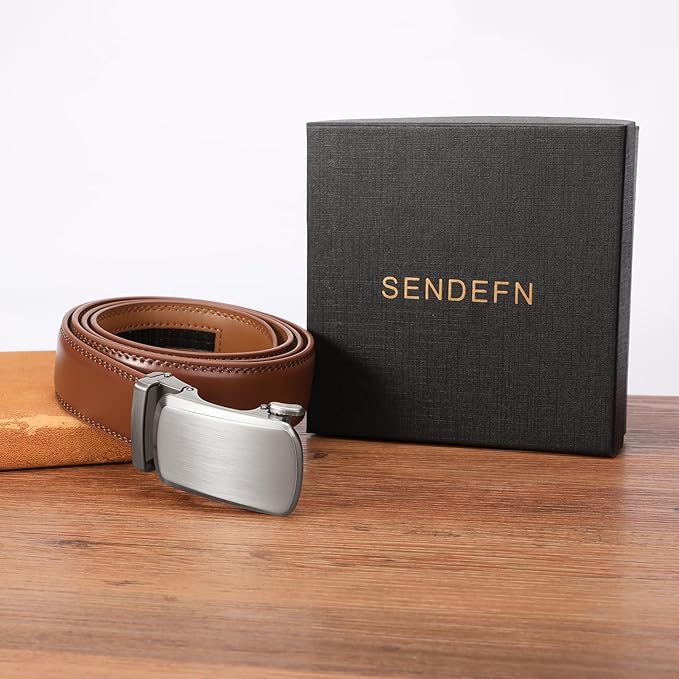 SENDEFN Men's Leather Belt Automatic Ratchet Buckle Slide Belt for Dress Casual Trim to Fit with Gift Box