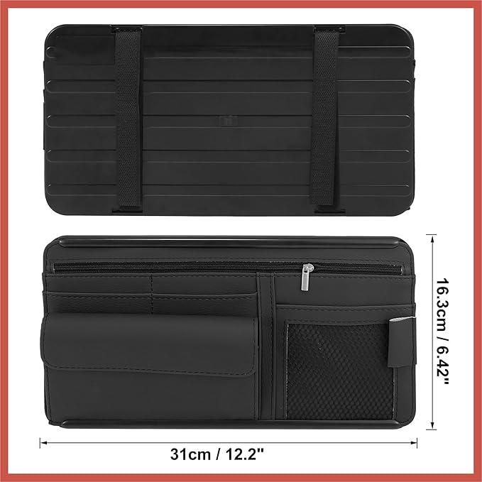 ACROPIX Black Universal Car Sun Visor Organizer Sunglasses Case Storage Pocket Hook and Loop Tape ABS PU Leather for SUV RV Truck Car Parts
