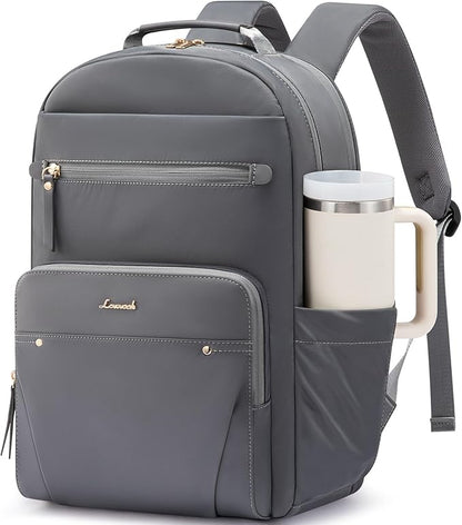LOVEVOOK Laptop Backpack for Women with Leather Trim & Tumbler Pockets, 15.6" Work Backpack Purse, Travel Personal Item Bag, Carry On Business Computer Bag for Office, School, Gift, Lustrous Graphite