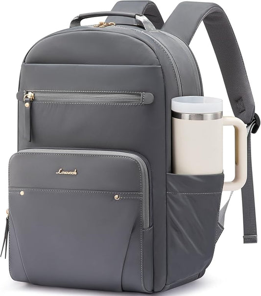 LOVEVOOK Laptop Backpack for Women with Leather Trim & Tumbler Pockets, 15.6" Work Backpack Purse, Travel Personal Item Bag, Carry On Business Computer Bag for Office, School, Gift, Lustrous Graphite