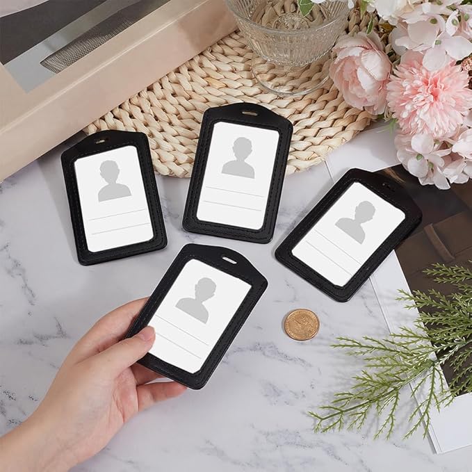 4PCS Black PU Leather ID Badge Holder Black Vertical Double Side Clear Card Slot Case Waterproof Transparent Name Badge Holder Without Lanyard for Offices Staff Students Employees