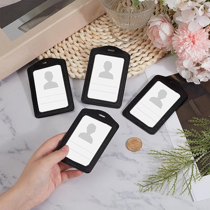 4PCS Black PU Leather ID Badge Holder Black Vertical Double Side Clear Card Slot Case Waterproof Transparent Name Badge Holder Without Lanyard for Offices Staff Students Employees