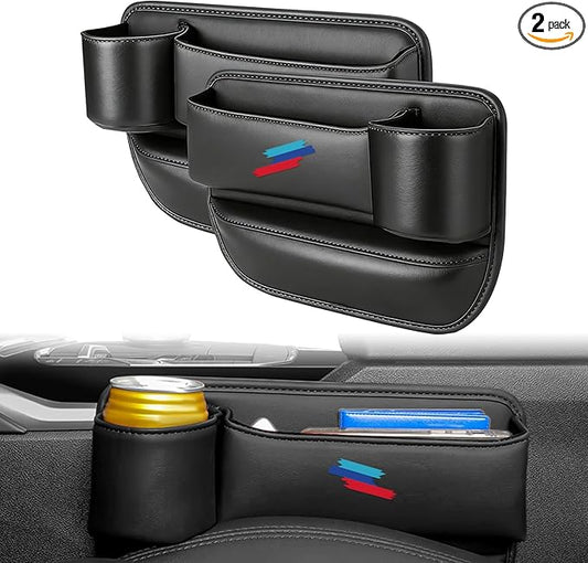 2 PCS Car Seat Gap Filler Organizer, Thickened Anti-Slip Leather Car Seat Crevice Storage Box with Cup Holder for BMW X3 X5 X7 X1 X6 X4 X1 X2 3 4 5 7 1 2 Accessories, with Sporty M 3-color logo