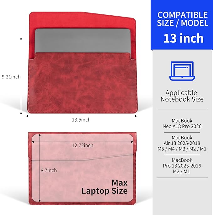 13 Inch Leather Laptop Sleeve Compatible with MacBook Neo 13" 2026 & MacBook Air/Pro 13" (M5/M4/M3/M2/M1, 2025-2018), Magnetic Buckle Closure Protective Case Cover,Red