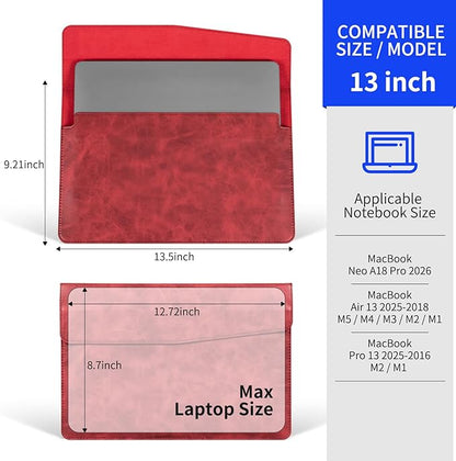 13 Inch Leather Laptop Sleeve Compatible with MacBook Neo 13" 2026 & MacBook Air/Pro 13" (M5/M4/M3/M2/M1, 2025-2018), Magnetic Buckle Closure Protective Case Cover,Red
