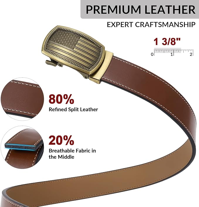 SANSTHS Mens Ratchet Belts Leather 1 3/8" for Men Dress and Casual, Adjustable Click Belts with American Flag Buckles