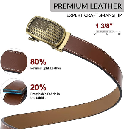 SANSTHS Mens Ratchet Belts Leather 1 3/8" for Men Dress and Casual, Adjustable Click Belts with American Flag Buckles