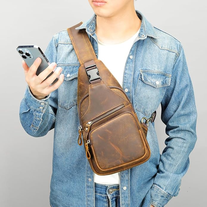 NIUCUNZH Genuine Leather Sling Bag Front Metal-Latch Crossbody Bags Handmade Vintage Chest Shoulder Backpack for Women Men