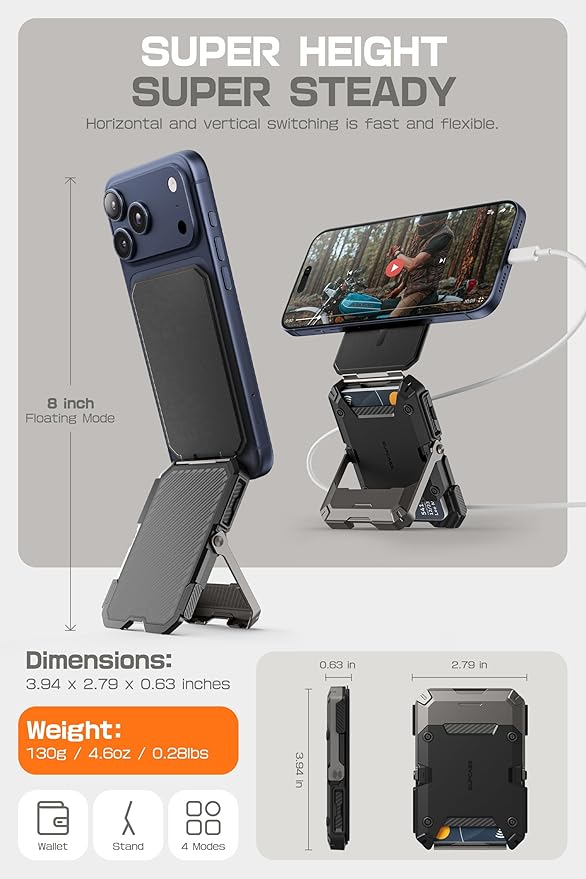 SUPCASE for MagSafe Wallet with Stand, Magnetic Wallet for Men, [Hold 5 Cards] [Adjustable Stand] [RFID Blocking] Phone Credit Card Holder Tripod for iPhone 17/16/15/14/13/12 Series, Black