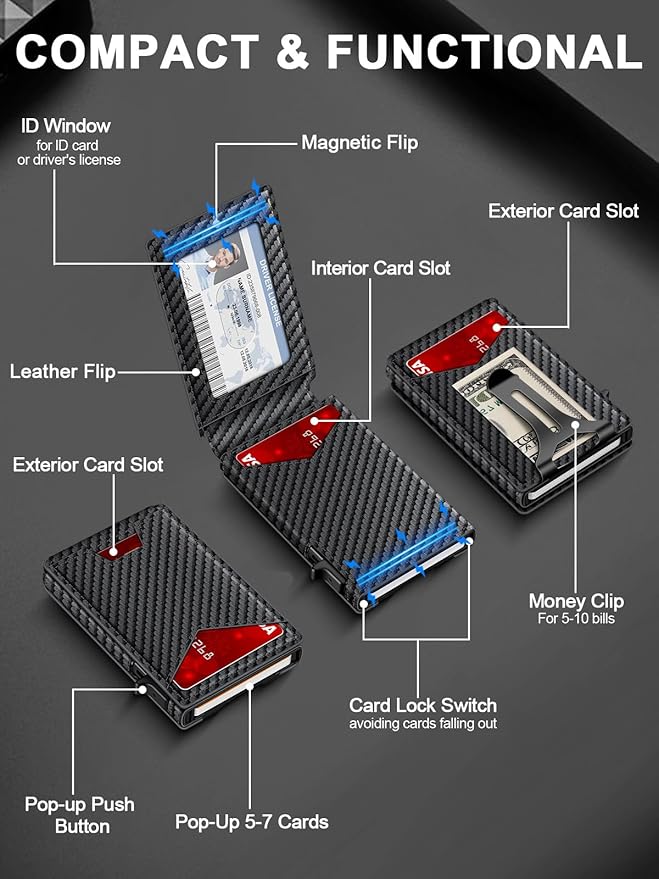 GHUKY Wallet for Men RFID Wallet with Money Clip, Slim Pop Up Card Holder for 10-12 Cards, Minimalist Smart Credit Card Case with ID Window, Bifold Metal Wallet for Front Pocket, Gifts for Men