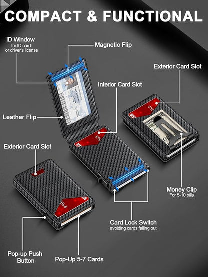 GHUKY Wallet for Men RFID Wallet with Money Clip, Slim Pop Up Card Holder for 10-12 Cards, Minimalist Smart Credit Card Case with ID Window, Bifold Metal Wallet for Front Pocket, Gifts for Men