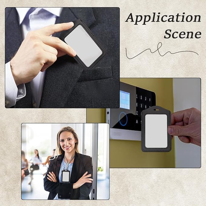 4PCS Black PU Leather ID Badge Holder Black Vertical Double Side Clear Card Slot Case Waterproof Transparent Name Badge Holder Without Lanyard for Offices Staff Students Employees