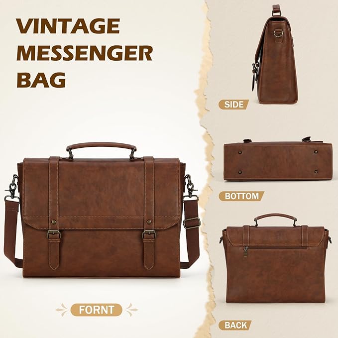 IGOLUMON Messenger Bag for Men 15.6 inch Vintage Leather Waterproof Laptop Briefcase Large Computer Laptop Bag Leather Satchel Bag Retro Shoulder Bag for Office Business Travel College, Brown | Vintage Leather, Waterproof, Laptop Briefcase, Retro Messe...