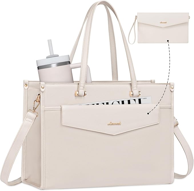 LOVEVOOK Laptop Bag for Women, 15.6'' Laptop Tote Purse 2-in-1 Professional Work Bag Business Briefcase with Clutch Purse, Waterproof Leather Computer Handbag for Teacher Office Travel