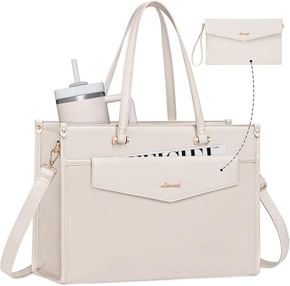 LOVEVOOK Laptop Bag for Women, 15.6'' Laptop Tote Purse 2-in-1 Professional Work Bag Business Briefcase with Clutch Purse, Waterproof Leather Computer Handbag for Teacher Office Travel