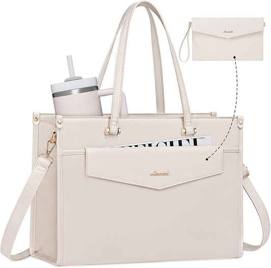 LOVEVOOK Laptop Bag for Women, 15.6'' Laptop Tote Purse 2-in-1 Professional Work Bag Business Briefcase with Clutch Purse, Waterproof Leather Computer Handbag for Teacher Office Travel