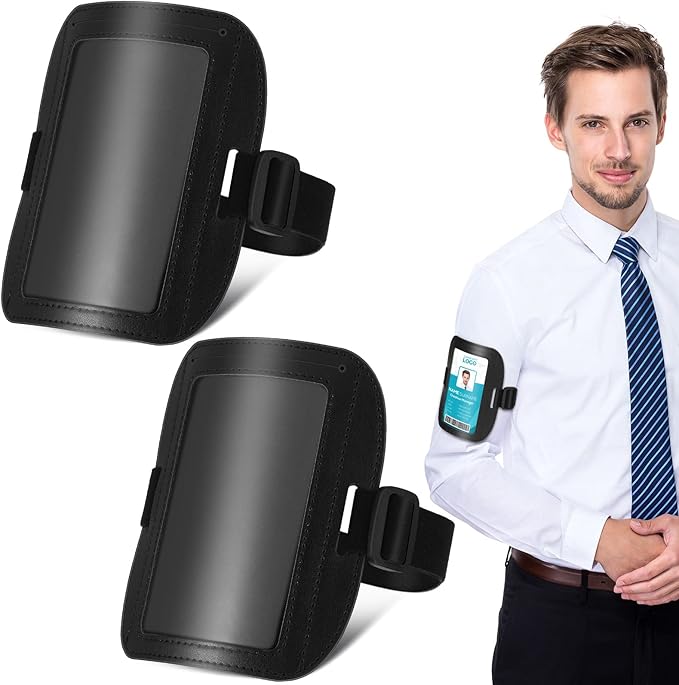 Geelin 2 Pcs Arm Badge Holder for Men Leather ID Armband Adjustable Badge Holder with Elastic Arm Band Waterproof Ski Pass Armband for Work Postcards Office Business Supplies(Black)