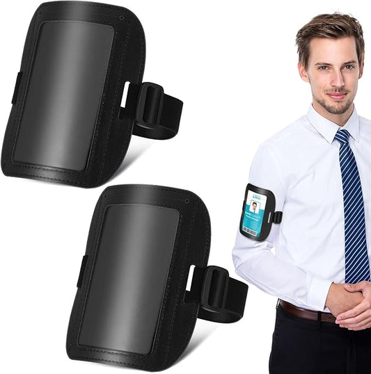 Geelin 2 Pcs Arm Badge Holder for Men Leather ID Armband Adjustable Badge Holder with Elastic Arm Band Waterproof Ski Pass Armband for Work Postcards Office Business Supplies(Black)