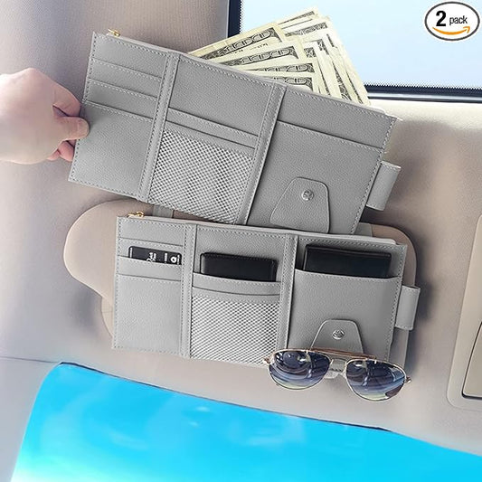 2 Packs Gray Car Sun Visor Organizer, Sunglasses Holders for Car Sun Visor, PU Leather, Auto Interior Accessories Storage Travel Document Holder with Multi Pocket