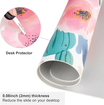 Colorful Star Large Mouse Pad, Pink Floral Desk Mat for Desktop, Women Girls PU Leather Waterproof Gaming Mousepad, Computer PC Laptop Protector Flowers Desk Pads for School Office Home 31.5" x 11.8"