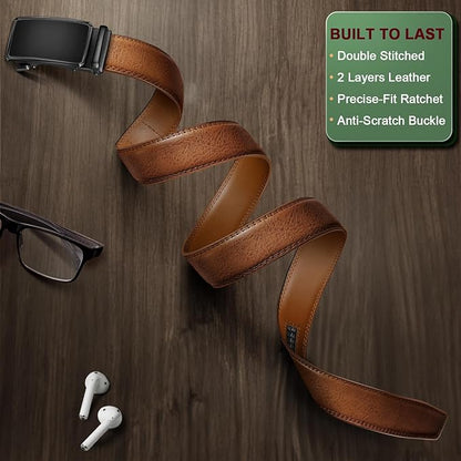 KEMISANT Men Belt Ratchet Click Belt Genuine Leather Adjustable For Men Golf Dress Casual Jeans 1 3/8-Cut For Fit