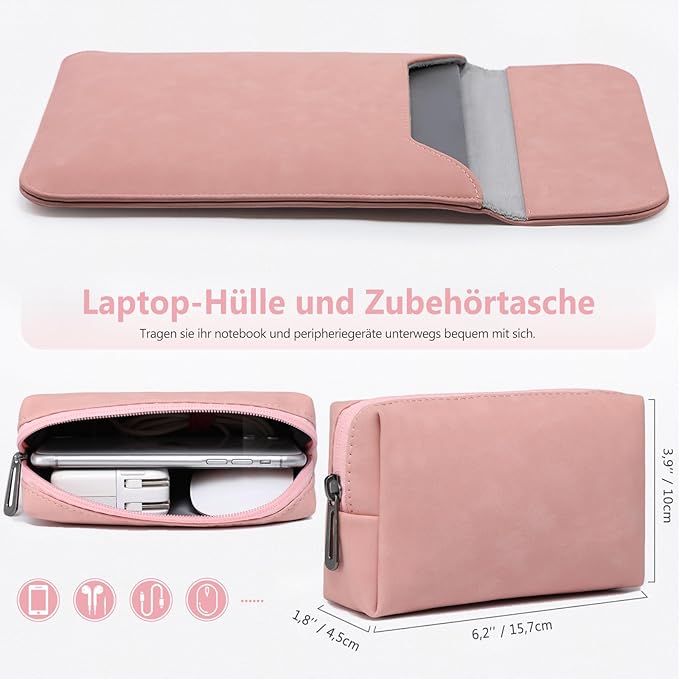 HYZUO 13.3-14 Inch Laptop Sleeve Case for MacBook Pro 14 M5/M4/M3/M2/M1 Pro/Max A3426 A3427 2026-2021, 13.3" MacBook Air/Pro, 13.5-13.8 Surface Laptop, HP Envy 13, Faux Suede Leather, Pink