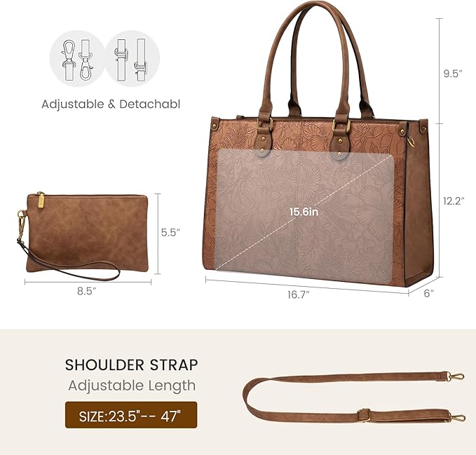 LOVEVOOK Laptop Tote Bag for Women, 15.6 Inch Large Capacity Vintage Leather Work Computer Bag, Business Casual Shoulder Handbag, Brown Embossed