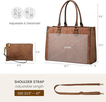 LOVEVOOK Laptop Tote Bag for Women, 15.6 Inch Large Capacity Vintage Leather Work Computer Bag, Business Casual Shoulder Handbag, Brown Embossed