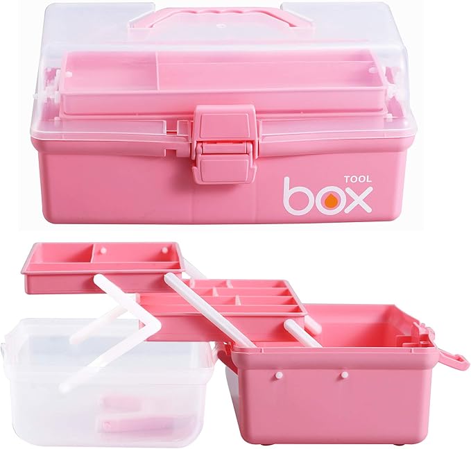 Kinsorcai 2PCS 12'' Three-Layer Clear Plastic Storage Box/Tool Box, Multipurpose Organizer and Portable Handled Storage Case for Art Craft and Cosmetic (Pink)