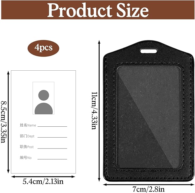 4 Pcs Leather ID Badge Holders, Waterproof Single-Side Clear Card Holders, Vertical Leather Name Badge Holder for Office Staff Students Employees (Black, Brown)