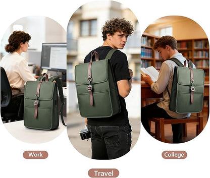 Laptop Backpack for Men Women, Slim Work Travel Backpack with USB Charging Port, Lightweight Computer College Backpack Bag, Vintage Commuter Casual Daypack Fits 15.6 Inch Laptop -Green