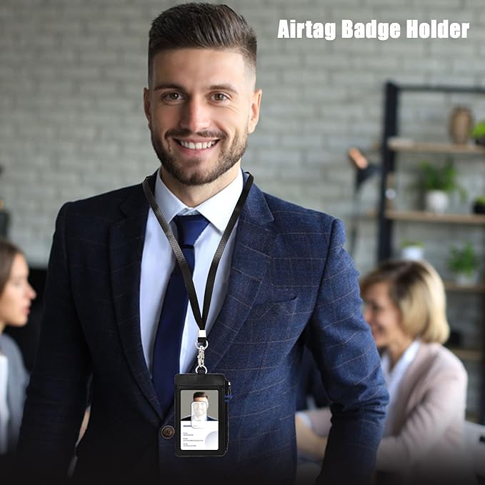 2-in-1 Airtag Badge Holder & Slim Minimalist Front Pocket Wallet, PU Leather ID Badge Card Holder with Zipper Pocket & 1 Clear ID Window & 2 Credit Card Slot & 1 Lanyard