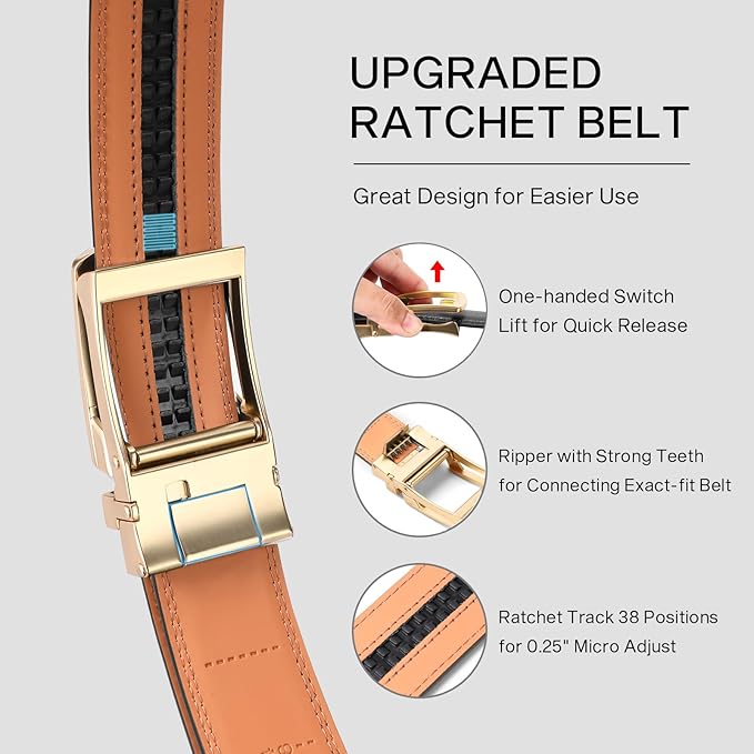 GAEKEAO Ratchet Belt for Men Genuine Leather 1 3/8" - Micro-Adjust Buckle Trim to Fit Dress Belt Casual to Formal Gift Boxed