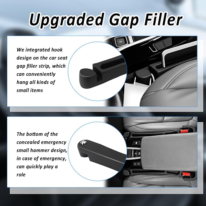 2PCS 3 in 1 Car Seat Gap Filler Organizer with Emergency Hammer,Upgraded Car Seat Gap Plug with Storage Slot & Cars Hook,Versatile in Between Cars Seats Catcher for Gaps Blocking