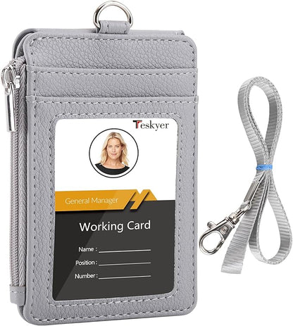 Teskyer Badge Holder with Side Zip Pocket, Multiple Card Slots Leather ID Holder Wallet with Neck Lanyard for Office Staffs, Teachers/Students, Workers, Cruise Cards, Bus/Metro Cards, Lichee Gray