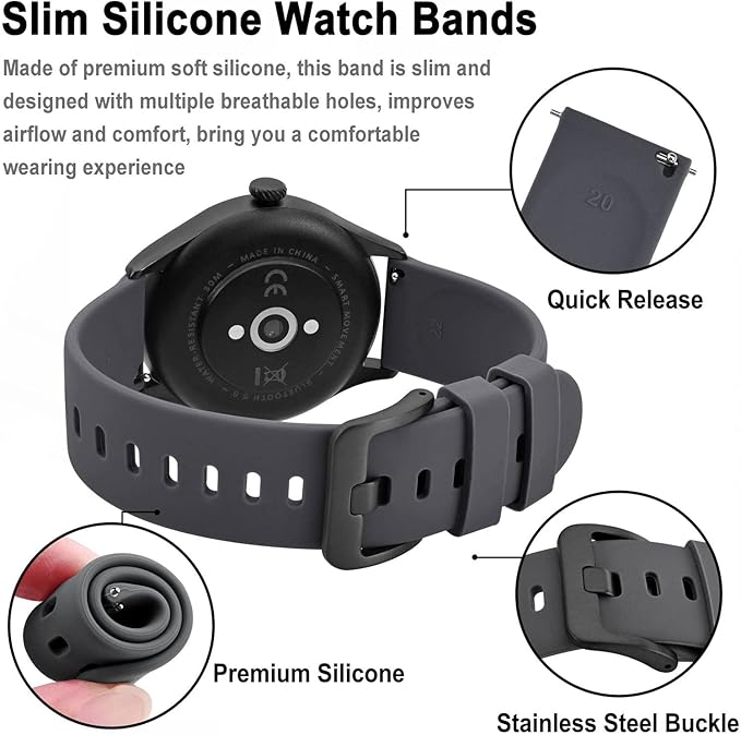 BISONSTRAP Silicone Watch Bands, Slim Watch Straps with Quick Release, 19mm, Grey with Black Buckle