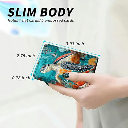 Minimalist Wallet for Men's Card Holders, Pop-Up Card Case Durable Wallets for Women, Leather Automatic Credit Card Holder with Metal Money Clip RFID Blocking Bifold Pocket, Blue Sea Turtle