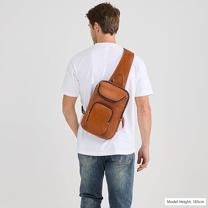 LANNSYNE Full Grain Leather Sling Bag For Men, Crossbody Chest Daypack Fits 10.5" iPad, Men’s Crossbody Bag