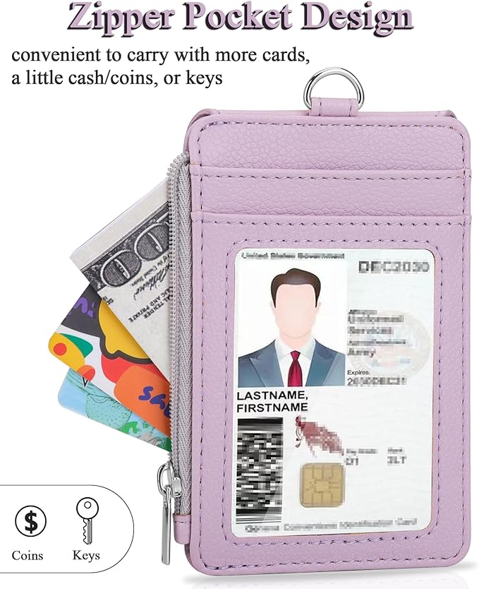 Teskyer Badge Holder with Side Zip Pocket, Multiple Card Slots Leather ID Holder Wallet with Neck Lanyard for Office Staffs, Teachers/Students, Workers, Cruise Cards, Bus/Metro Cards, Lichee Lilac