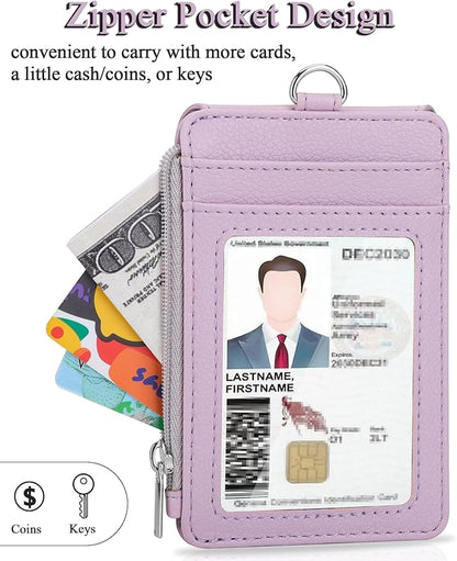 Teskyer Badge Holder with Side Zip Pocket, Multiple Card Slots Leather ID Holder Wallet with Neck Lanyard for Office Staffs, Teachers/Students, Workers, Cruise Cards, Bus/Metro Cards, Lichee Lilac