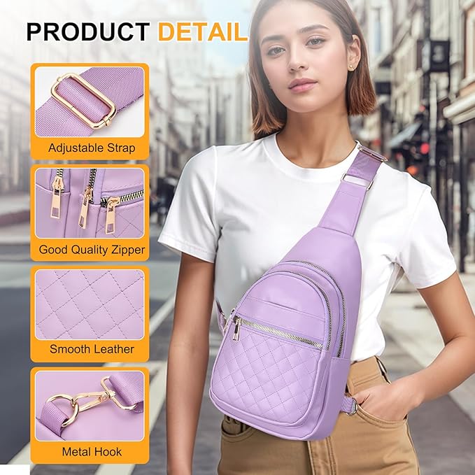 Crossbody Bags for Women Men,Leather Sling Bag Cross Body Backpack for Women, Casual Chest Bag Daypack for Travel Hiking, Purple