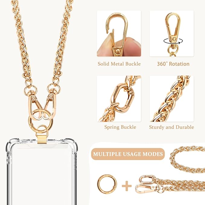 Clip and Go Phone Strap Crossbody with RFID Leather Wallet, Trendy Hands-Free Crossbody Cell Phone Lanyard Chain with Coin Purse for Women, Neck Chain for iPhone and Smartphone, Gold